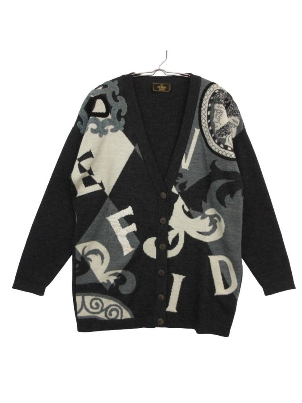 Fendi Cardigan Knit Jacket Long Sleeve Neck Wool Embroidery All Over Pattern